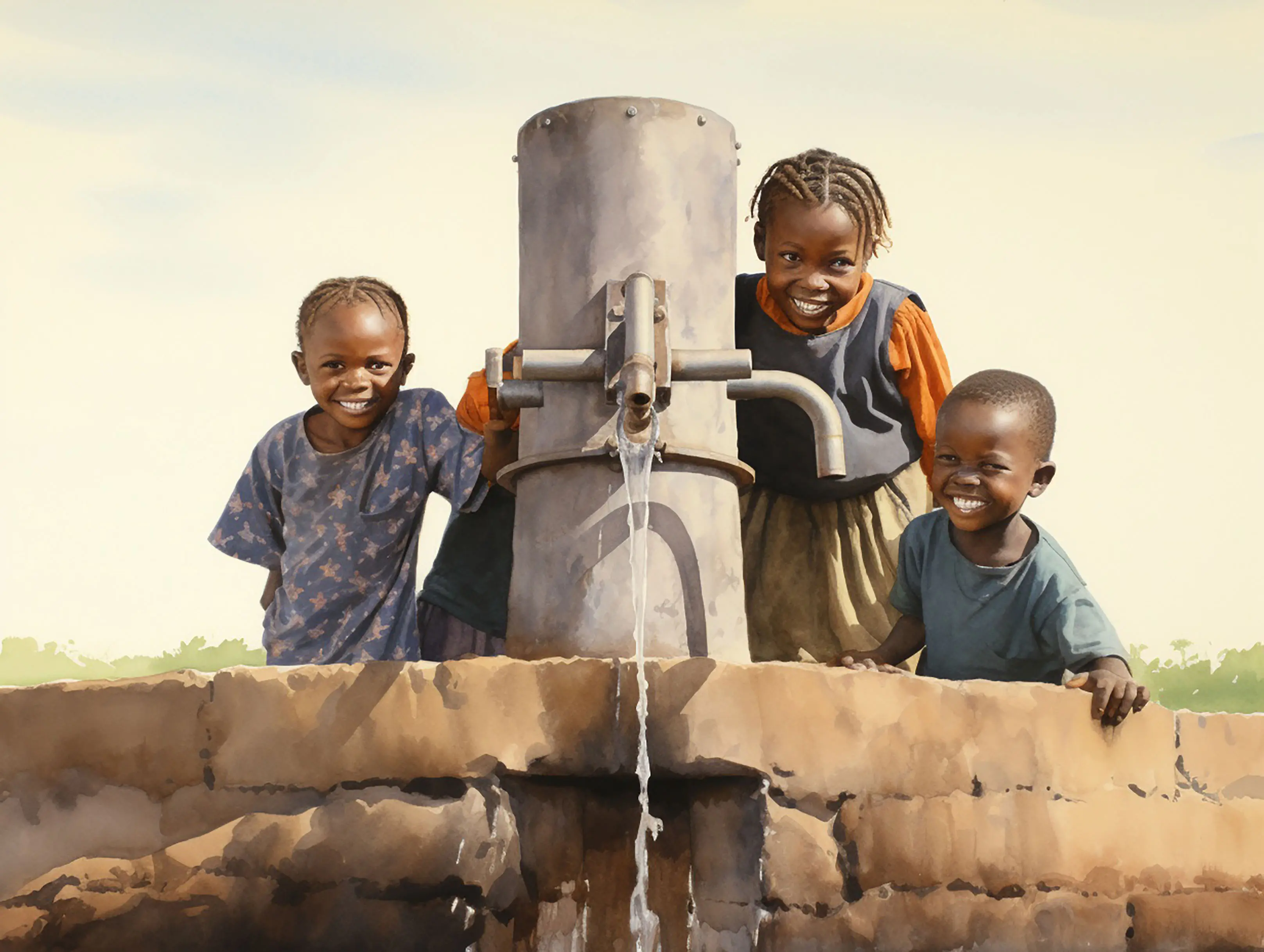 Children gathered near shared water, representing early community support.