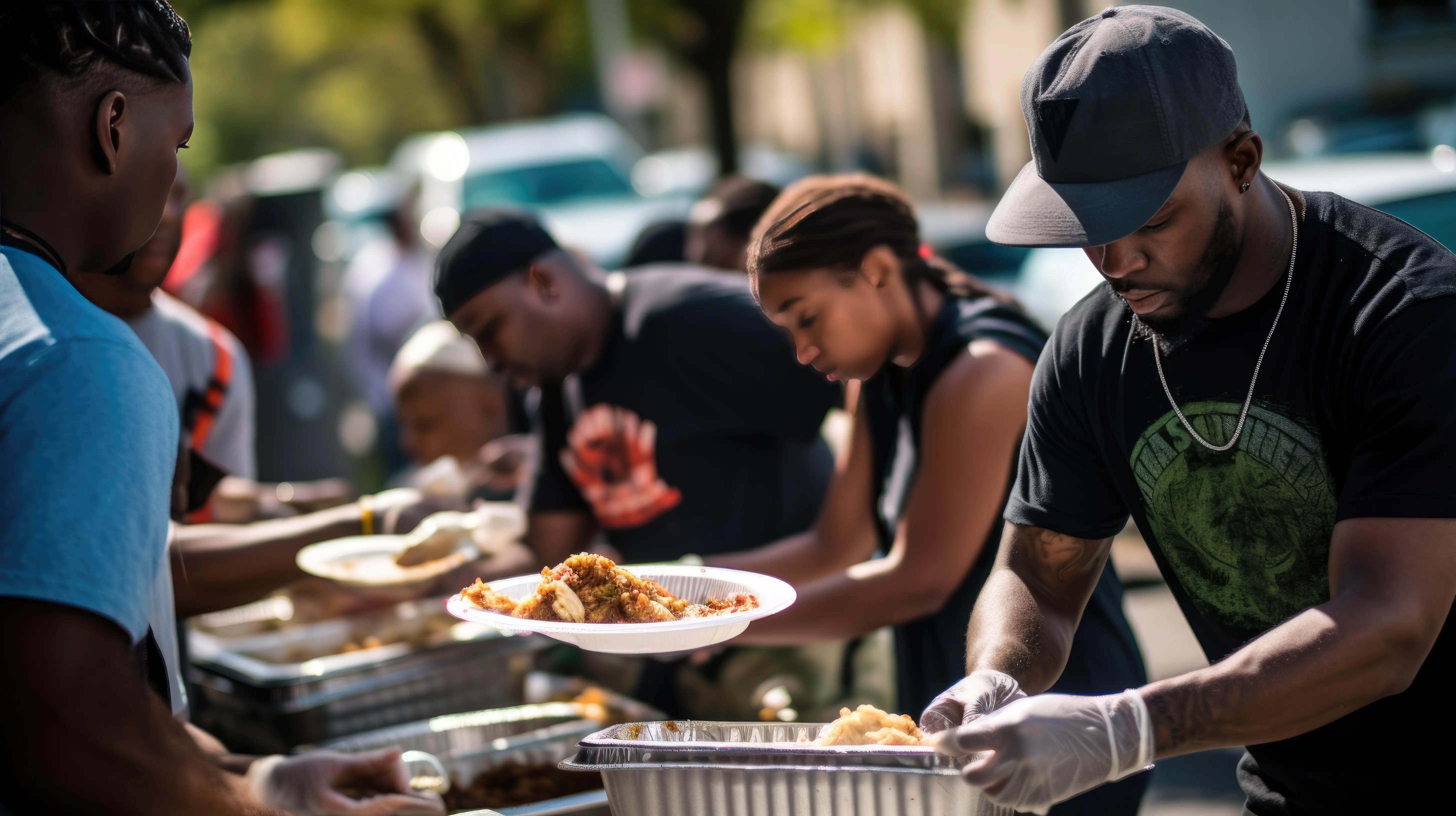 Community members sharing food in a local gathering.