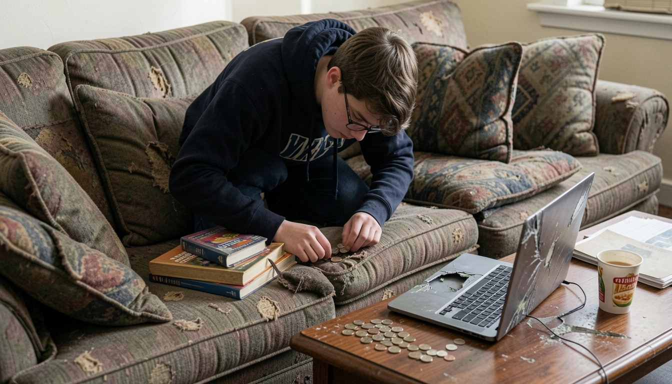 A student counting coins on a couch, representing the memory behind The HungreeApp.