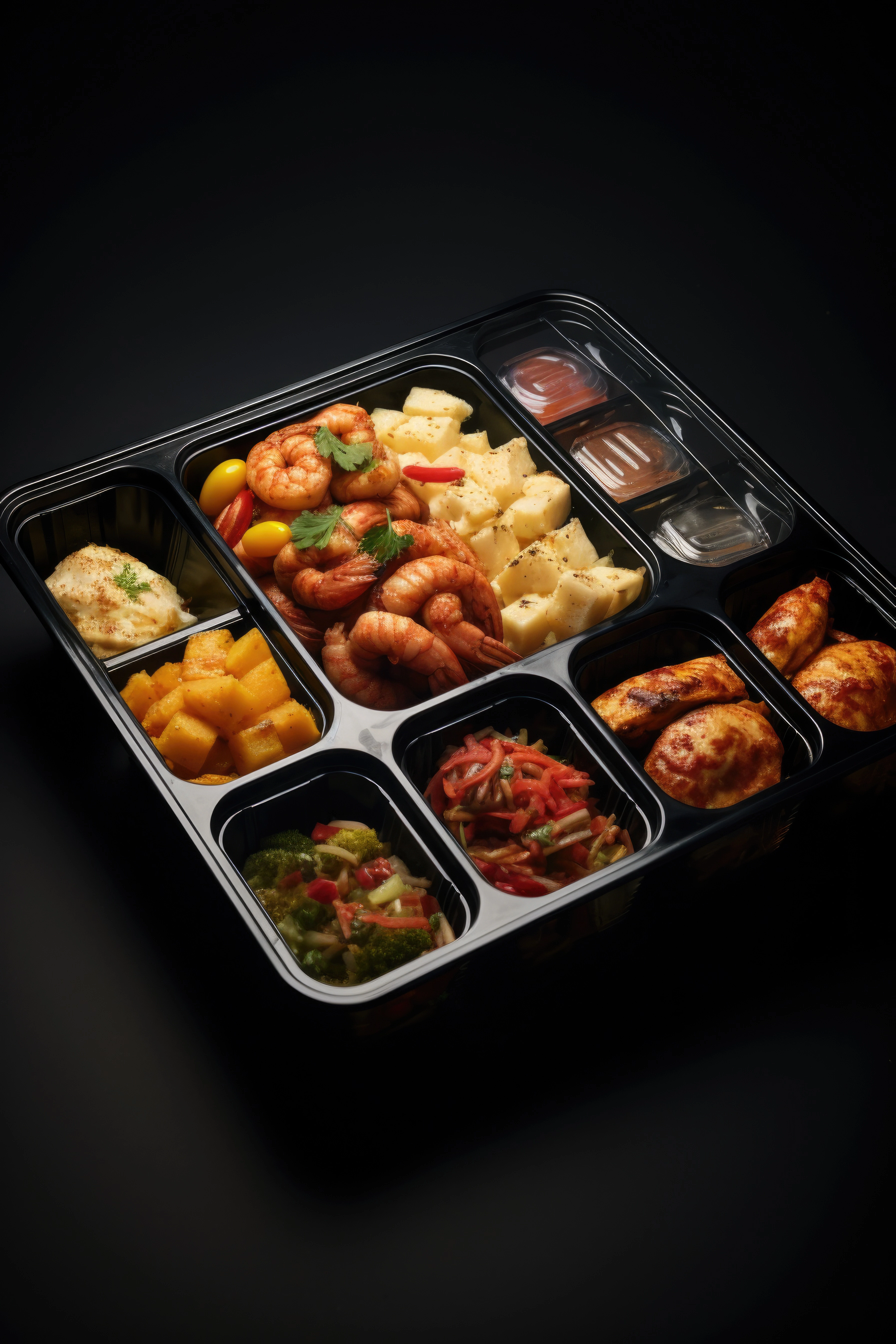 Prepared food tray representing surplus food that can be shared.