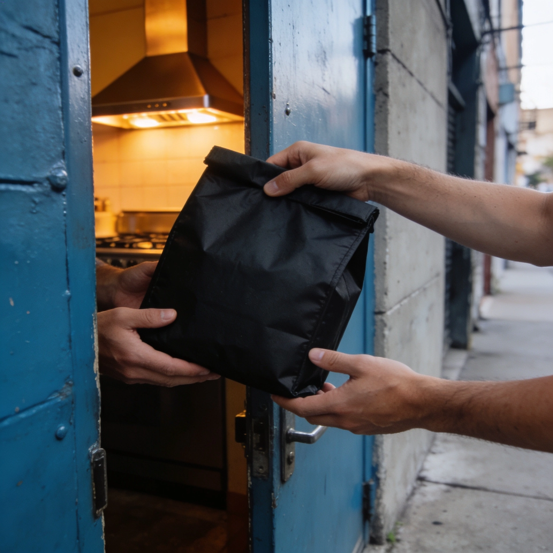 Prepared food being handed from one person to another, representing real-time community food recovery.